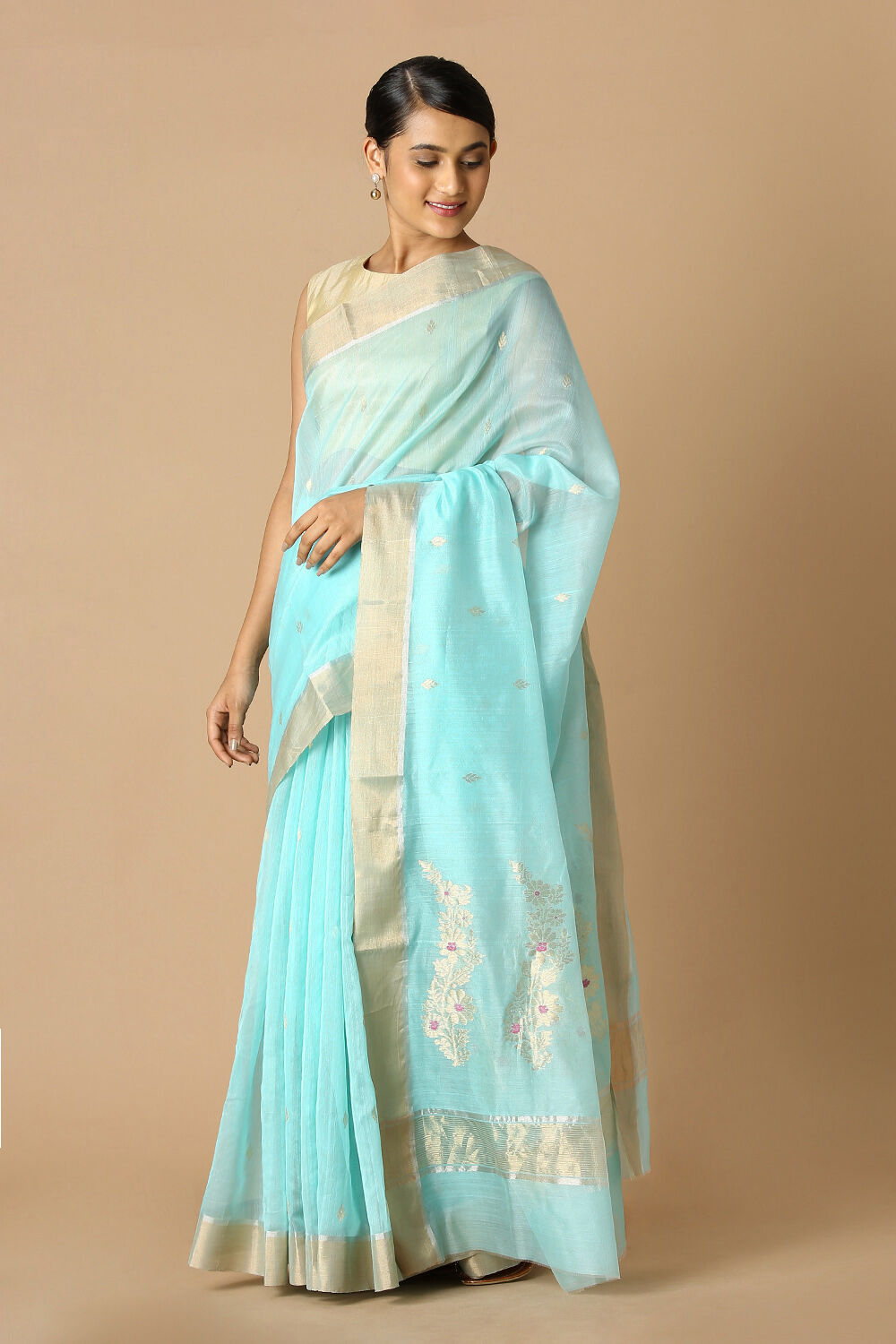 Light Blue Pure Silk Cotton Chanderi Saree image number null