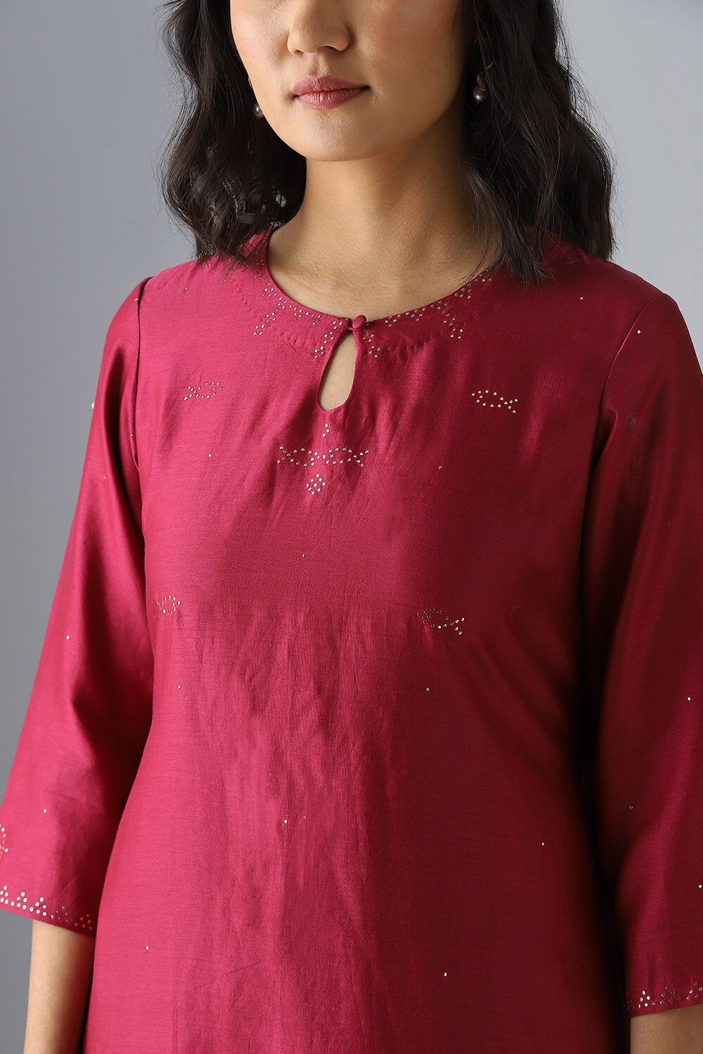 Dark Pink Embroidered Silk Cotton Kurta image number null