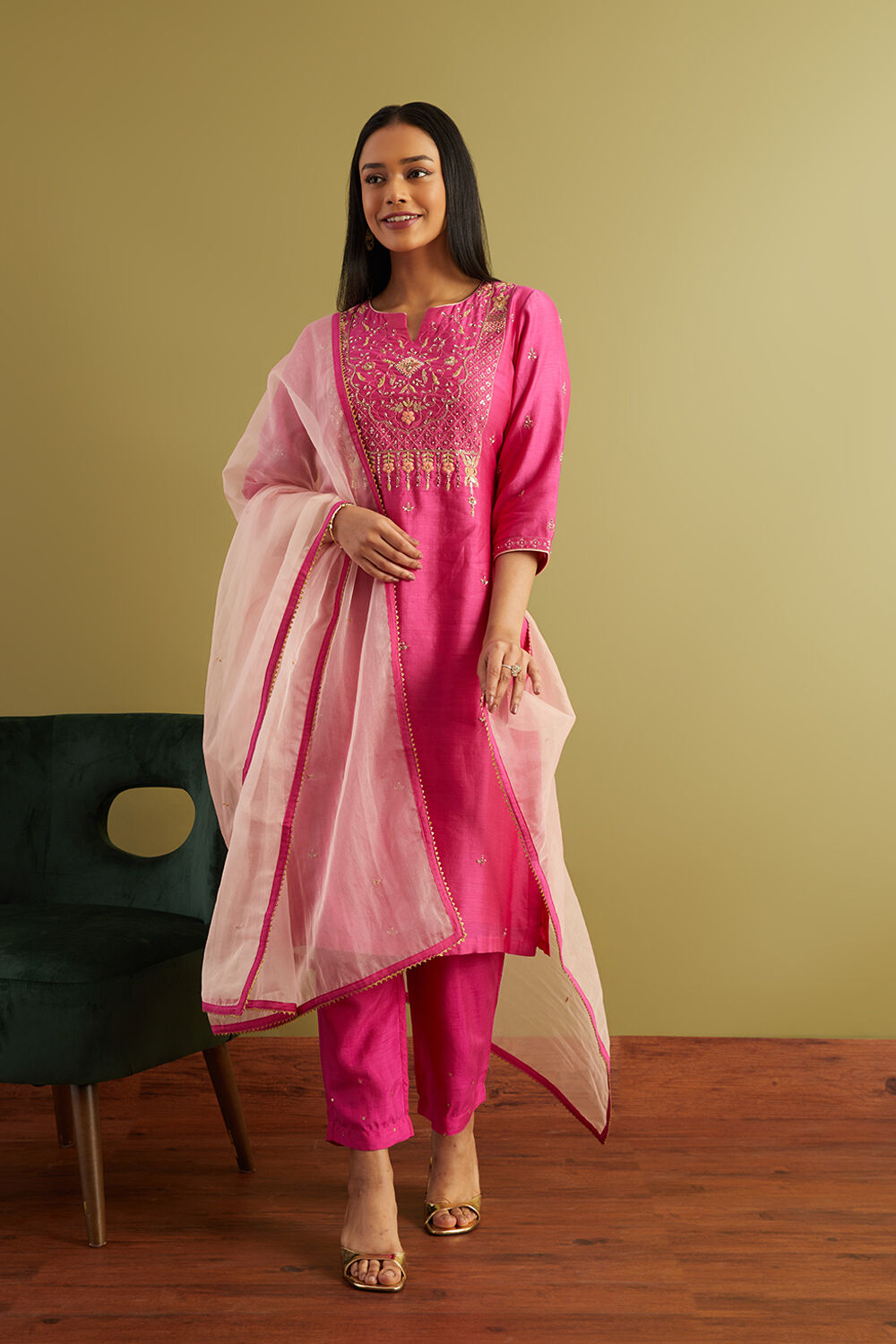 Purple Pure Silk Cotton Embroidered Kurta Set image number null
