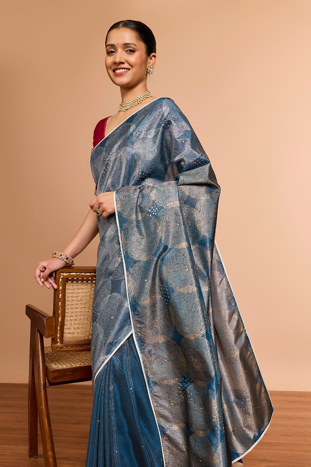 DarkBlue Pure Tissue Organza Printed Embroidered Saree image number null