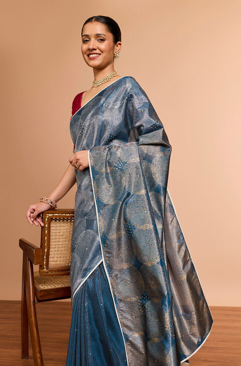 DarkBlue Pure Tissue Organza Printed Embroidered Saree