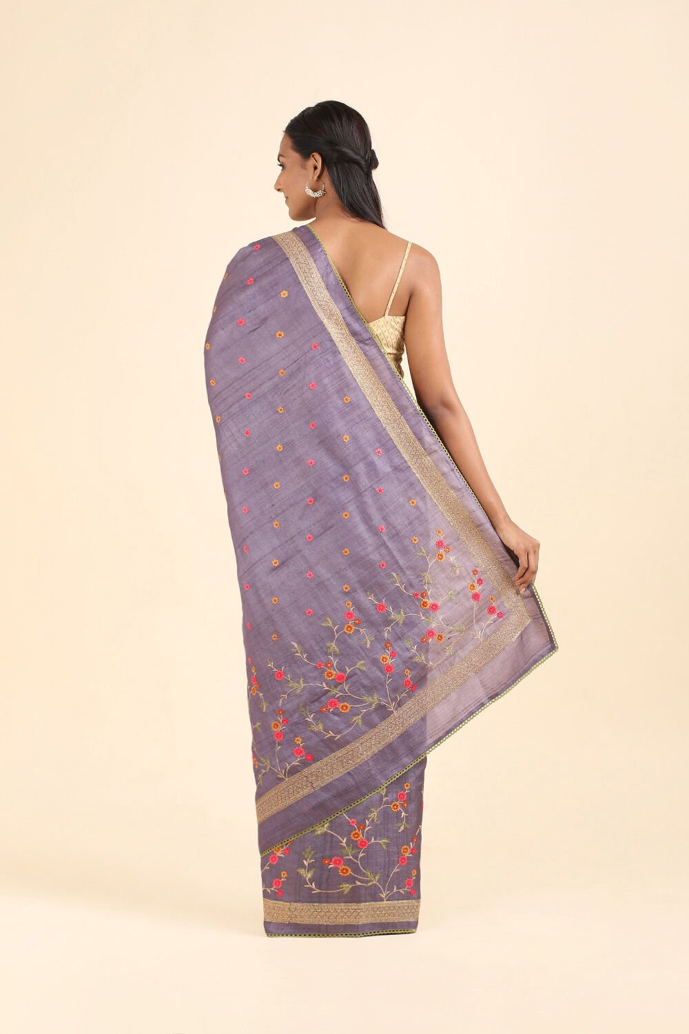 Violet Pure Tussar Silk Embroidered Saree image number null