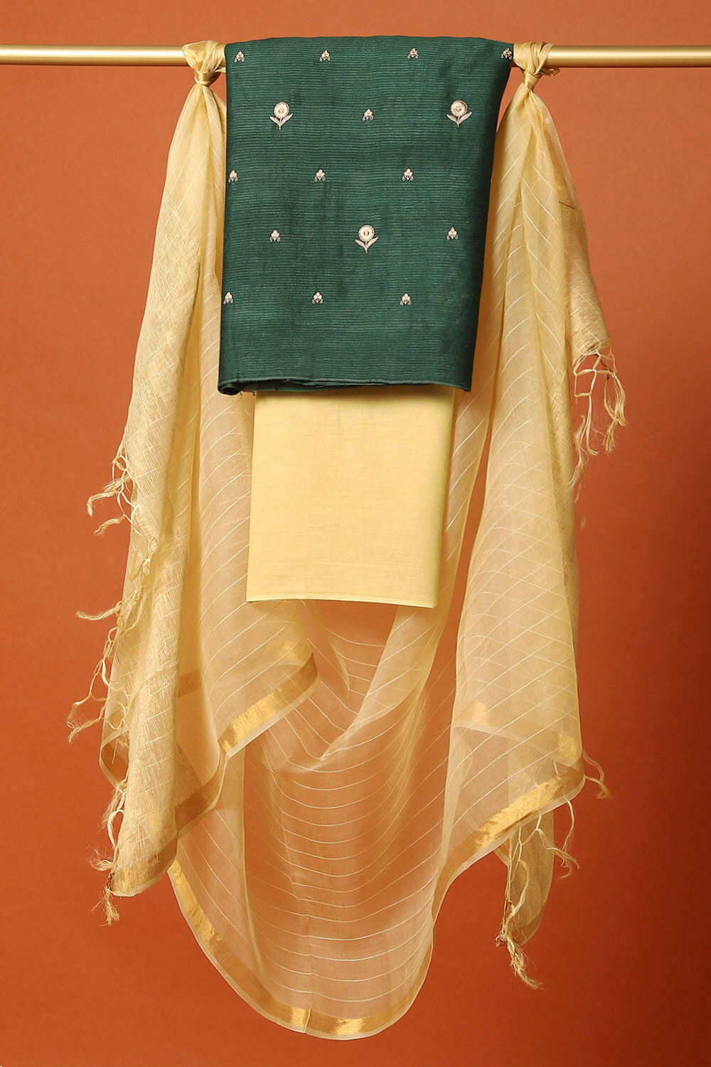 Green Silk Embroidered Unstitched Suit Set image number null