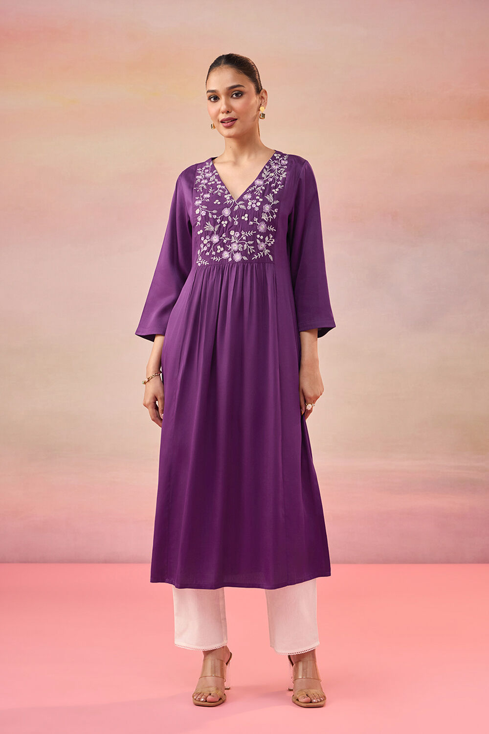 Purple Pure Viscose Embroidered Kurta image number null