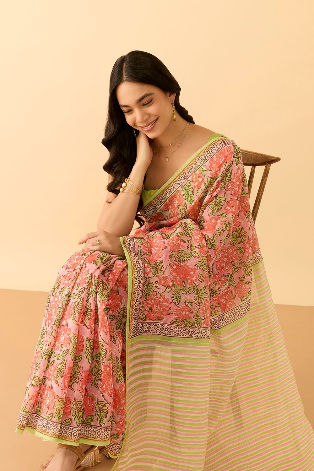 Peach Rajasthan Pure Silk Cotton Printed Sanganeri Saree image number null