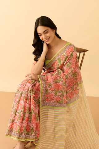 Peach Rajasthan Pure Silk Cotton Printed Sanganeri Saree image number