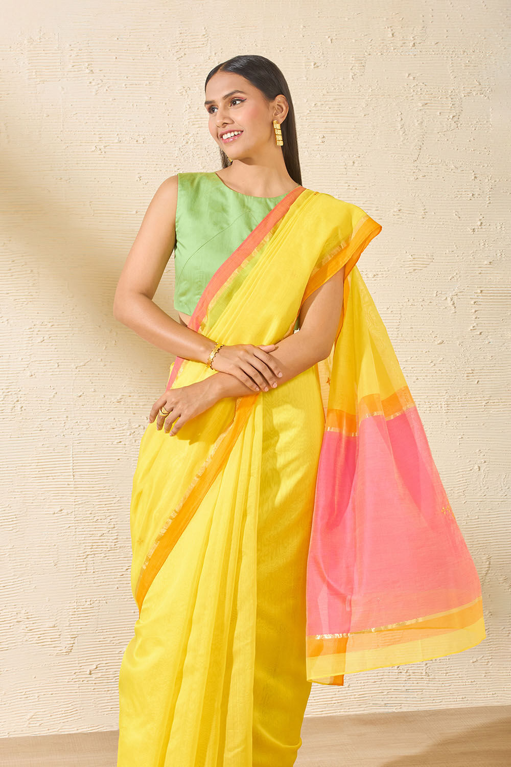 Light Yellow Embroidered Pure Silk Cotton Chanderi Saree image number null