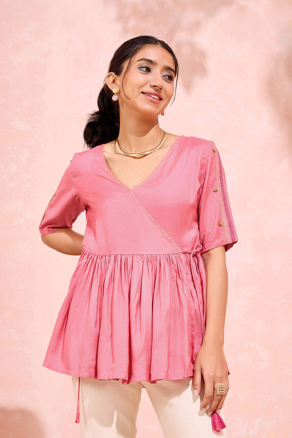 Light Pink Viscose Embroidered Short Top image number null