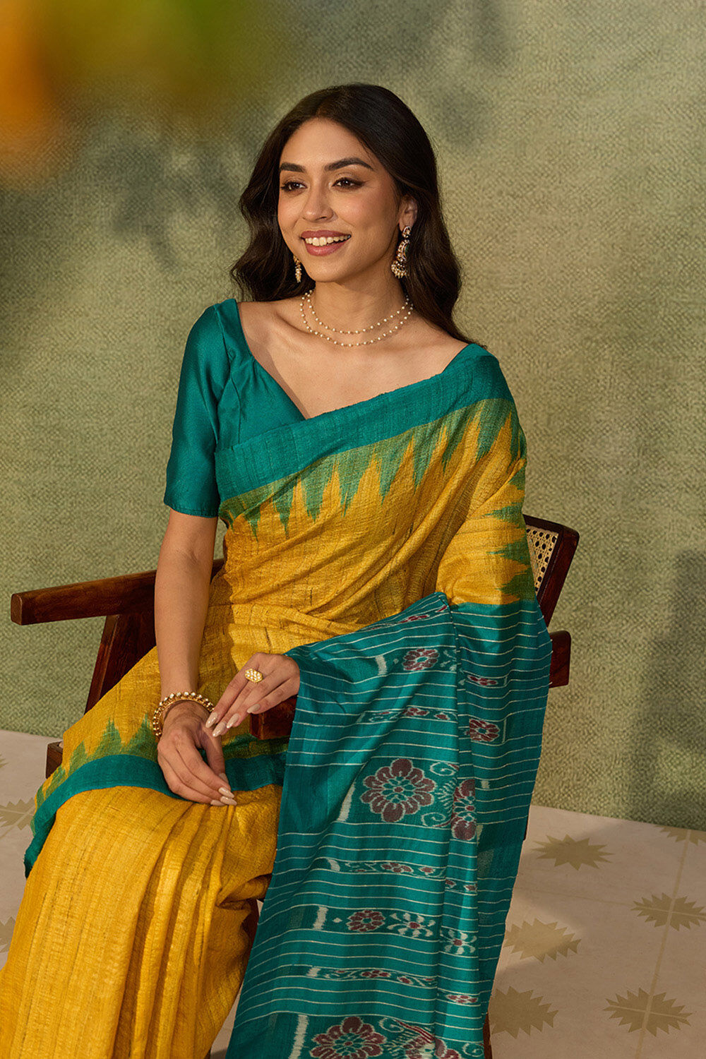 Yellow Pure Tussar Silk Ikat Saree image number null