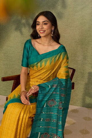 Yellow Pure Tussar Silk Ikat Saree image number