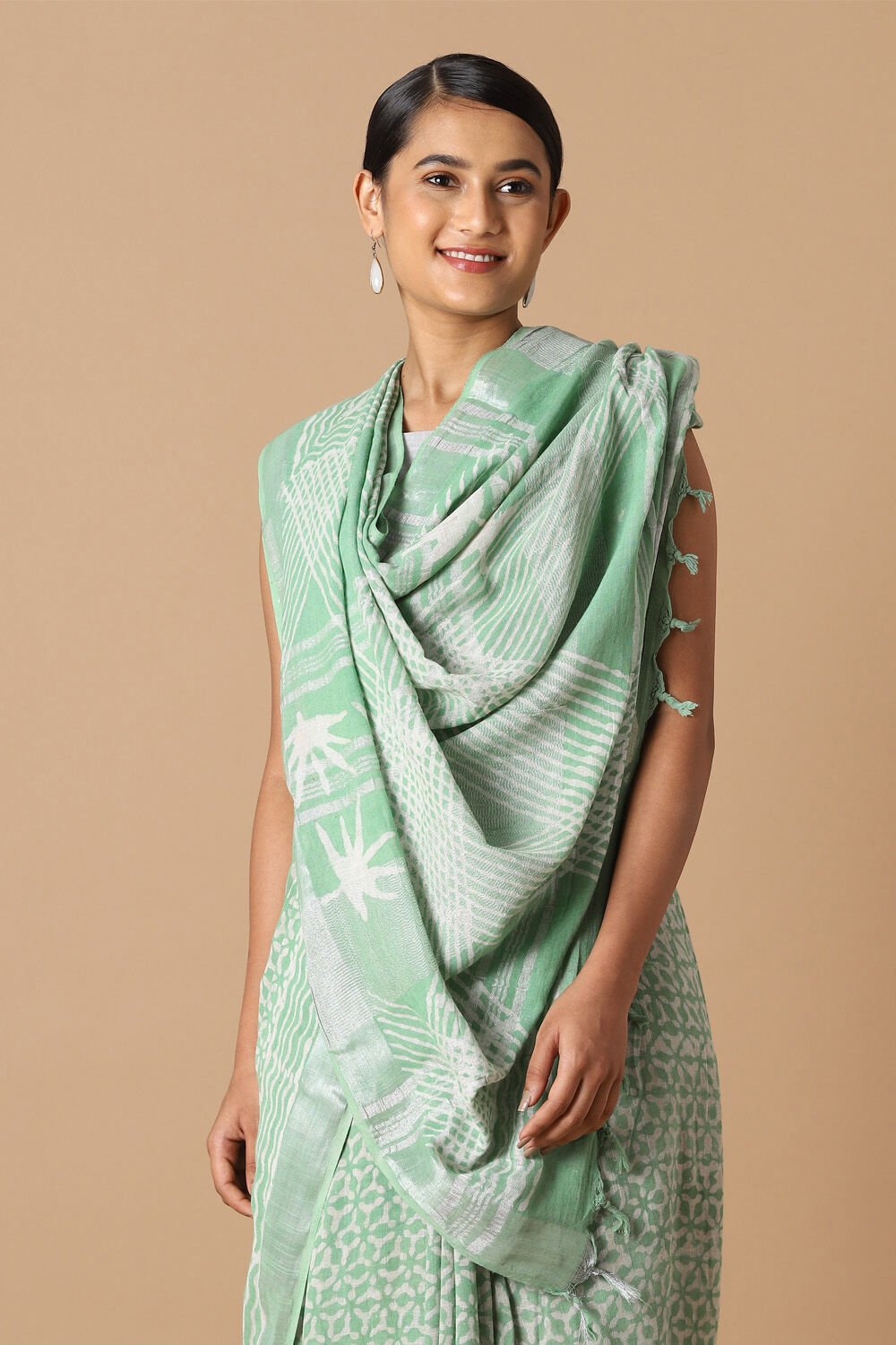Light Green Pure Cotton Linen Bagru Printed Saree image number null