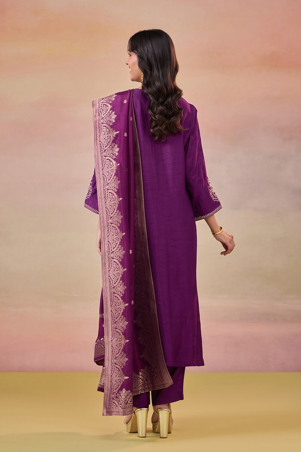 Dark Violet Pure Viscose Embroidered Kurta Set image number null