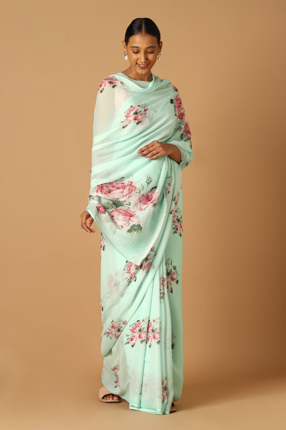 Light Blue Pure Chiffon Digital Printed Saree image number null