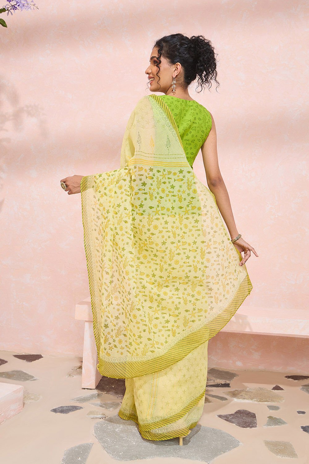 Light Yellow Bengal Pure Cotton Kota Printed Embroidery Saree image number null
