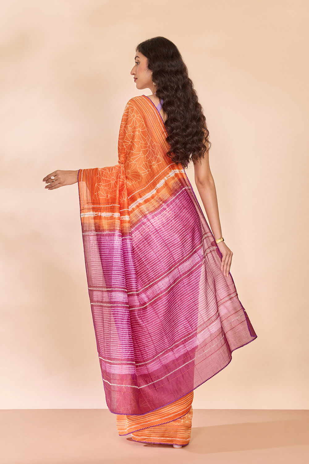 Orange Pure Silk Cotton Tie and Dye Shibori Saree image number null
