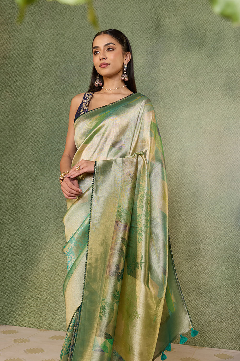 Green Printed Viscose Tissue Saree image number null