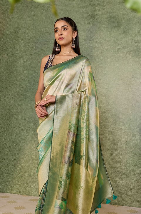 Green Printed Viscose Tissue Saree