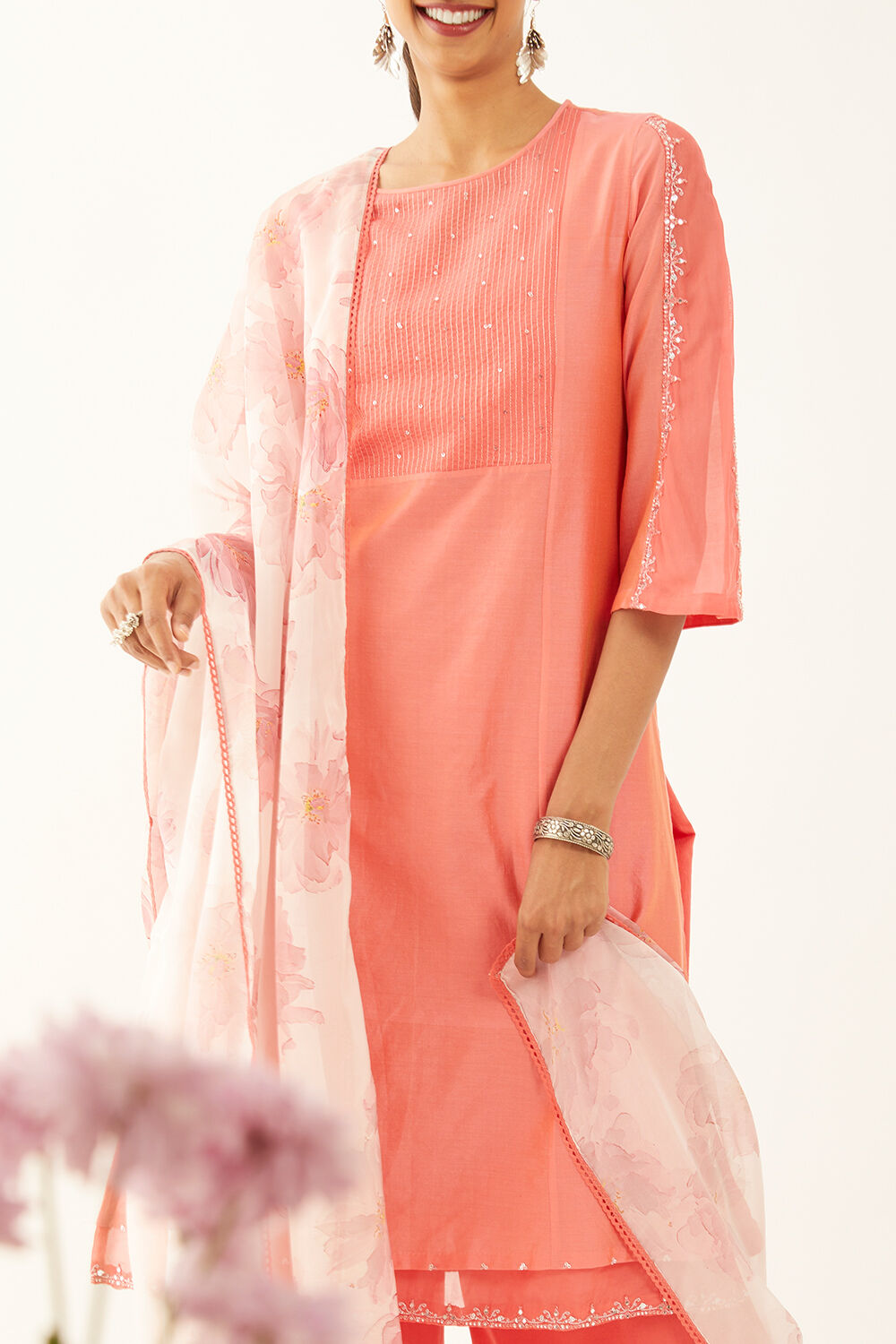 Orange Pure Silk Cotton Embroidered Kurta Set image number null