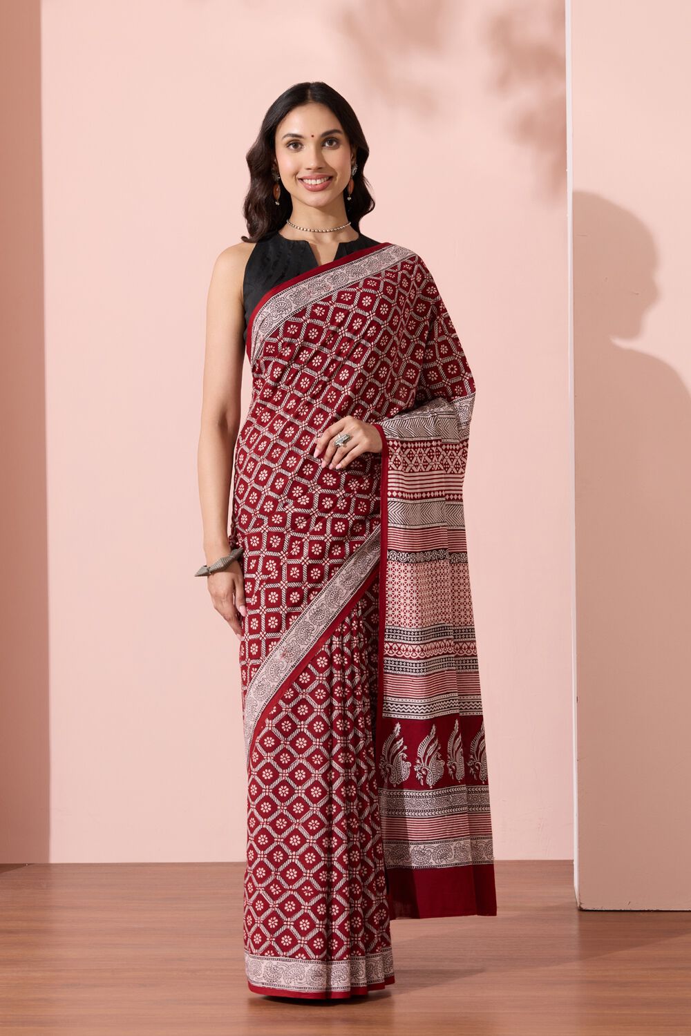Red Bagh Block Printed Pure Cotton Saree image number null