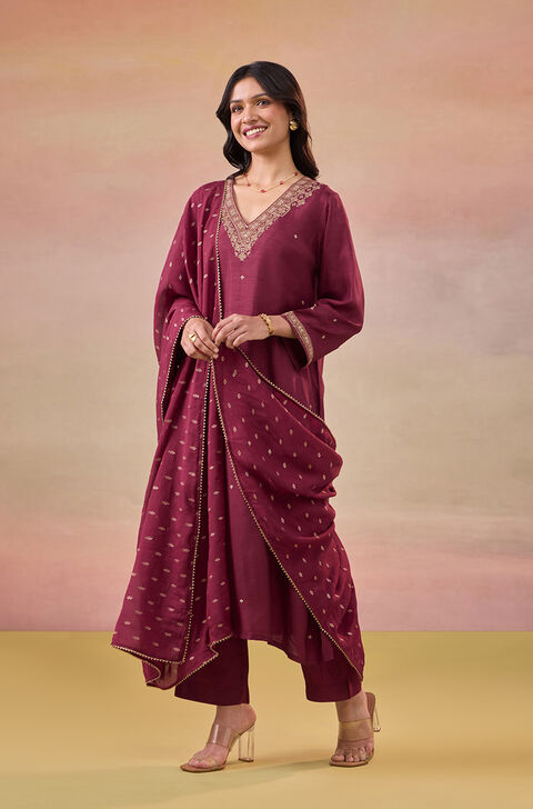 Dark Red Pure Viscose Embroidered Kurta Set