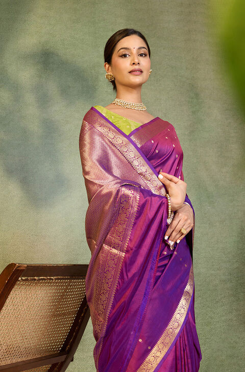 Violet Silk Viscose Cutwork Banaras  Saree