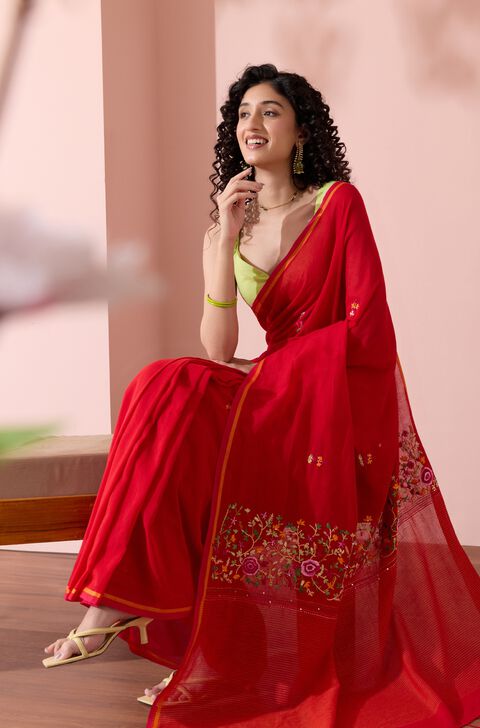 Red Bengal Pure Cotton Embroidered Saree
