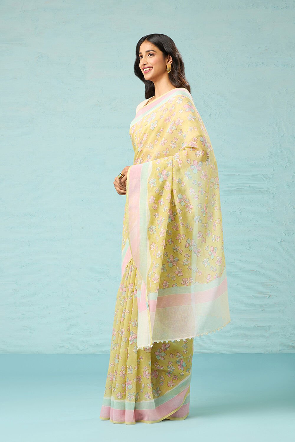Light Green Bagru Block Printed Pure Silk Cotton Saree image number null