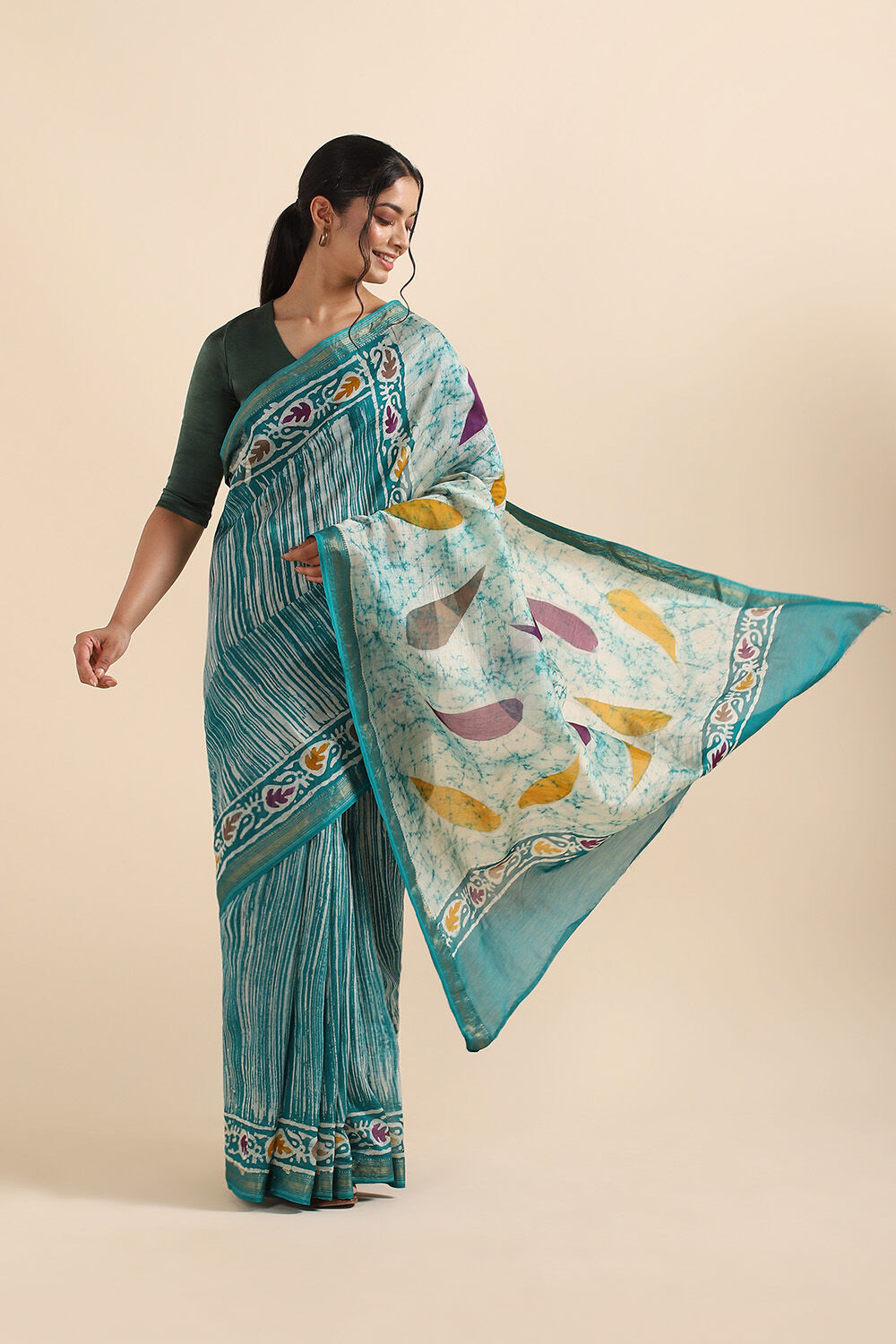 Light Green Pure Silk Cotton Batik Saree image number null