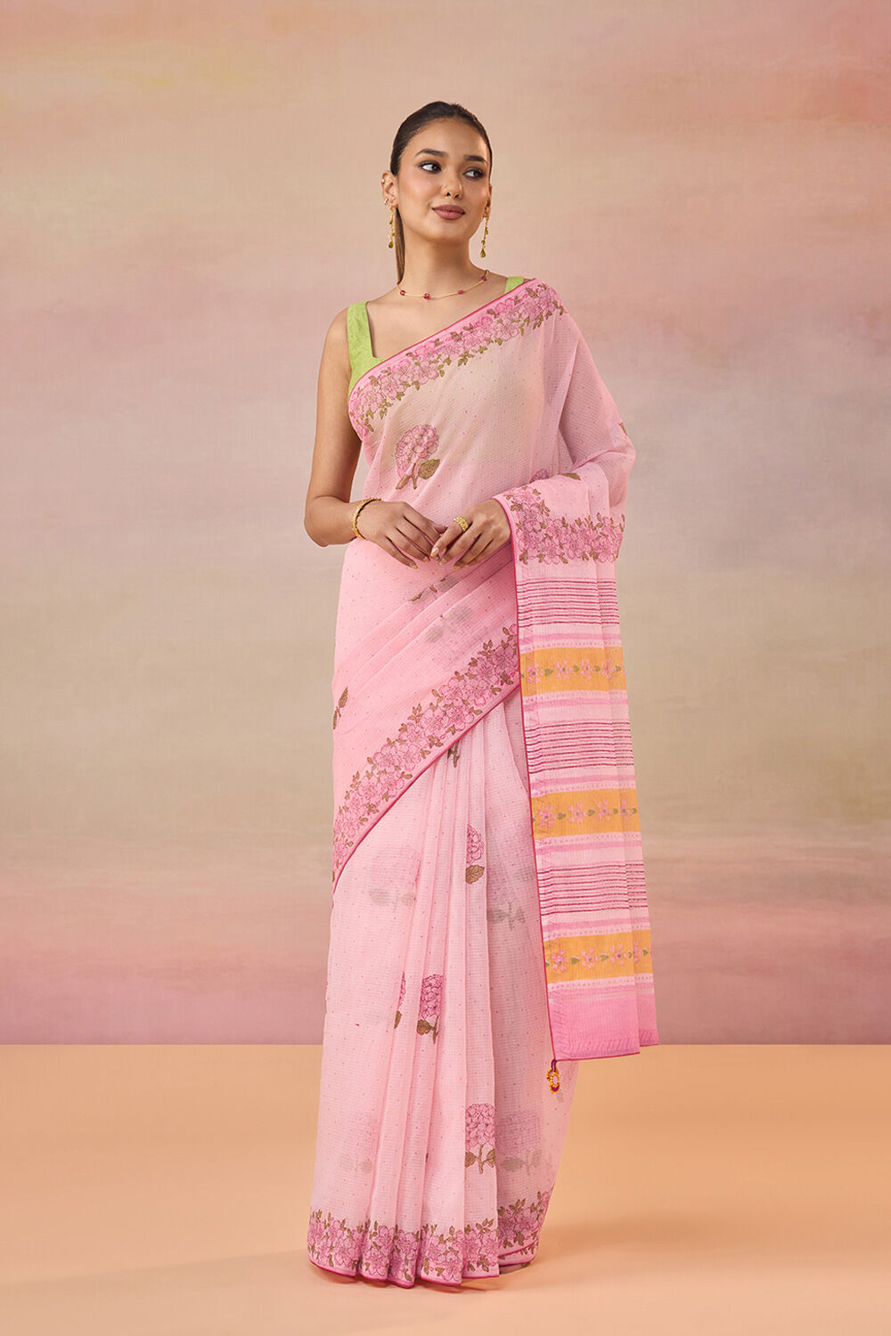 Light Pink Block Printed Bengal Pure Cotton Kota Saree image number null