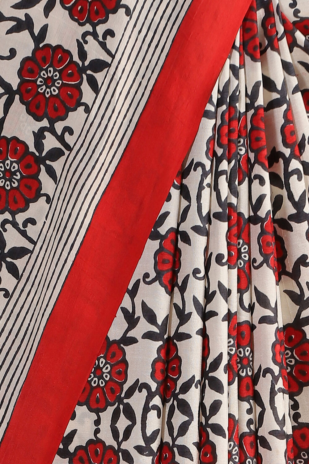Black and Red Hand Blockprinted Pure Silk Saree image number null