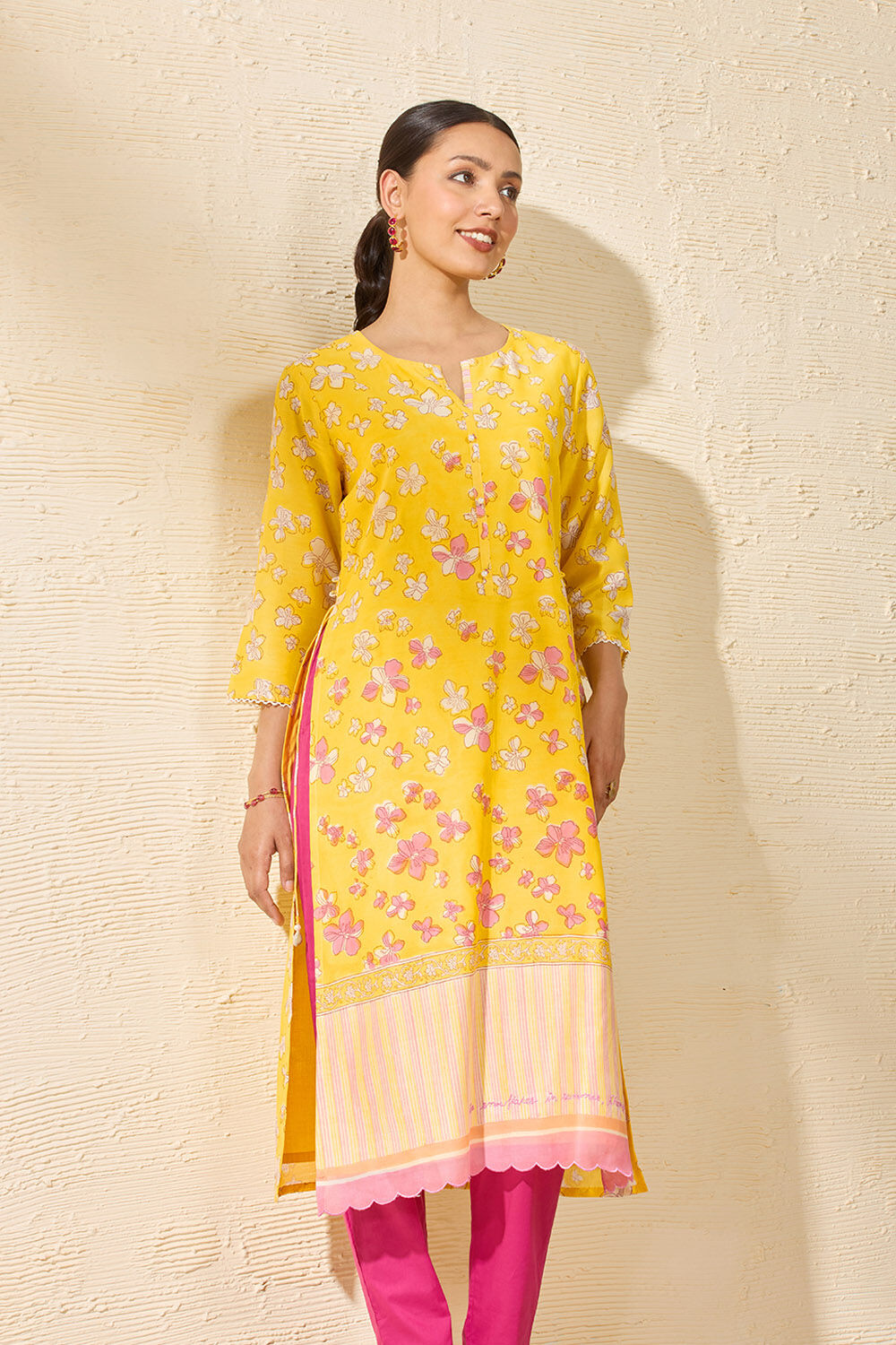 Light Yellow Sanganeri Block Printed Pure Silk Cotton Kurta image number null