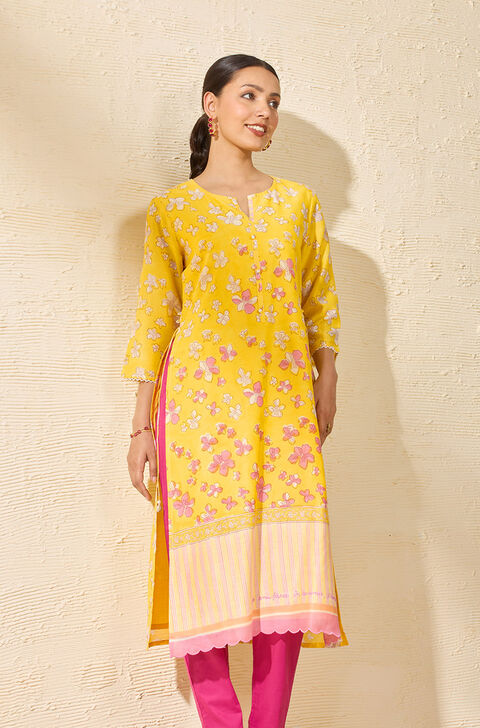 Light Yellow Sanganeri Block Printed Pure Silk Cotton Kurta