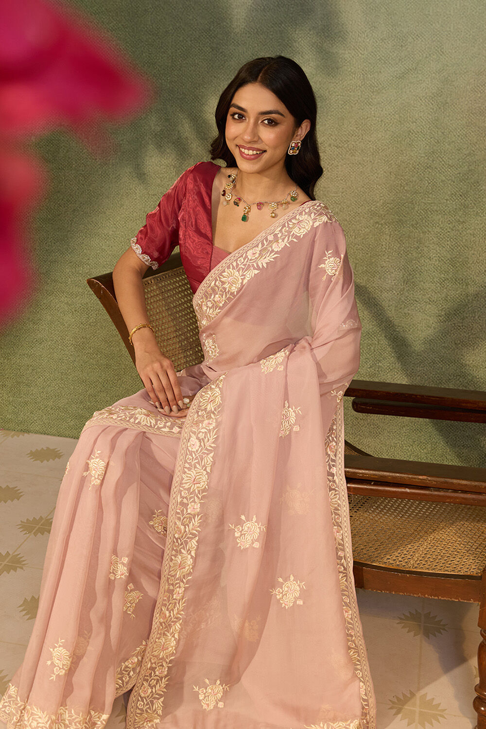 Light Pink Banarasi Viscose Organza Embroidered Saree image number null
