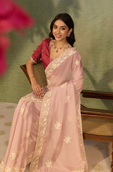 Light Pink Banarasi Viscose Organza Embroidered Saree