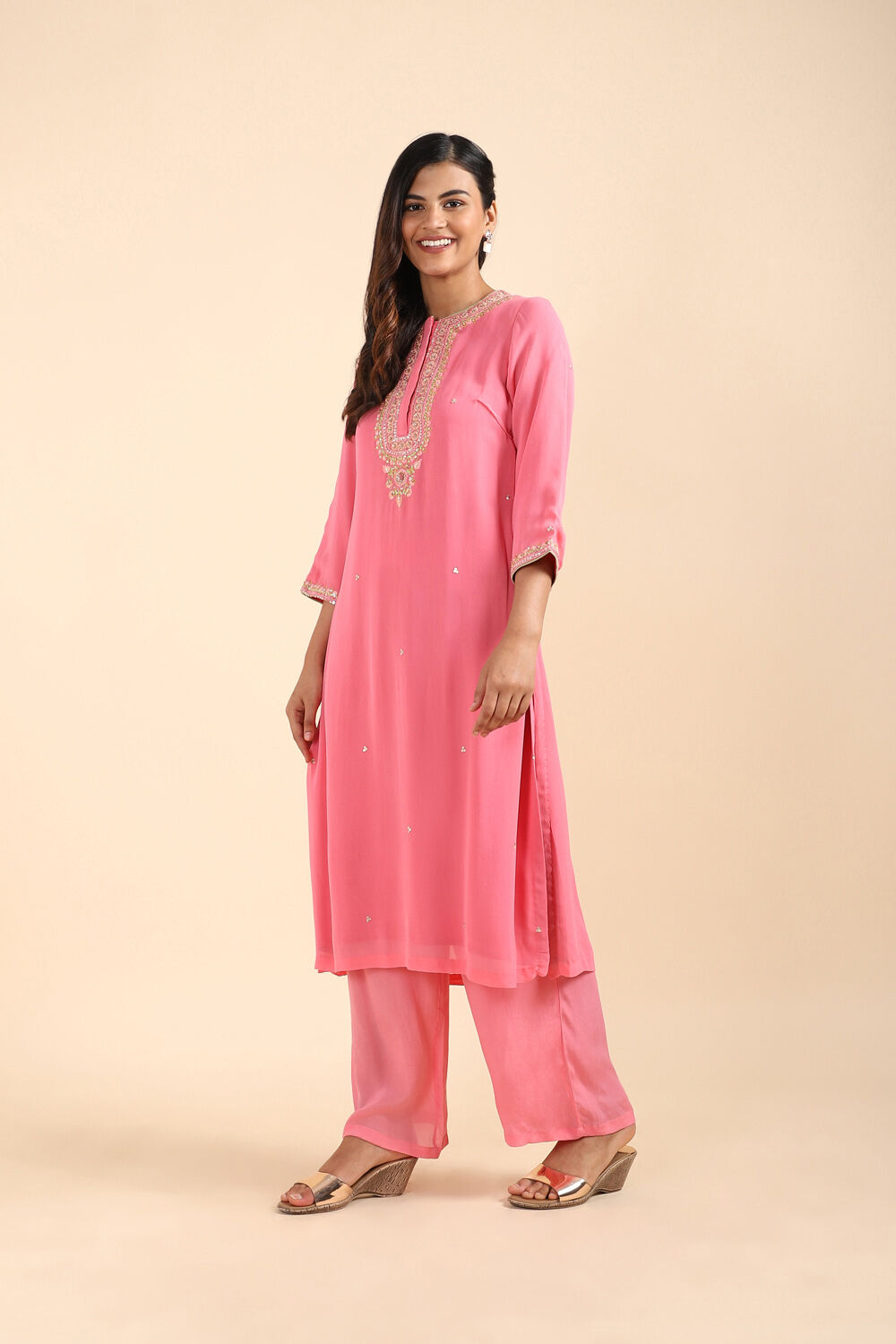Pink Viscose Zardozi Embroidered Kurta Set image number null