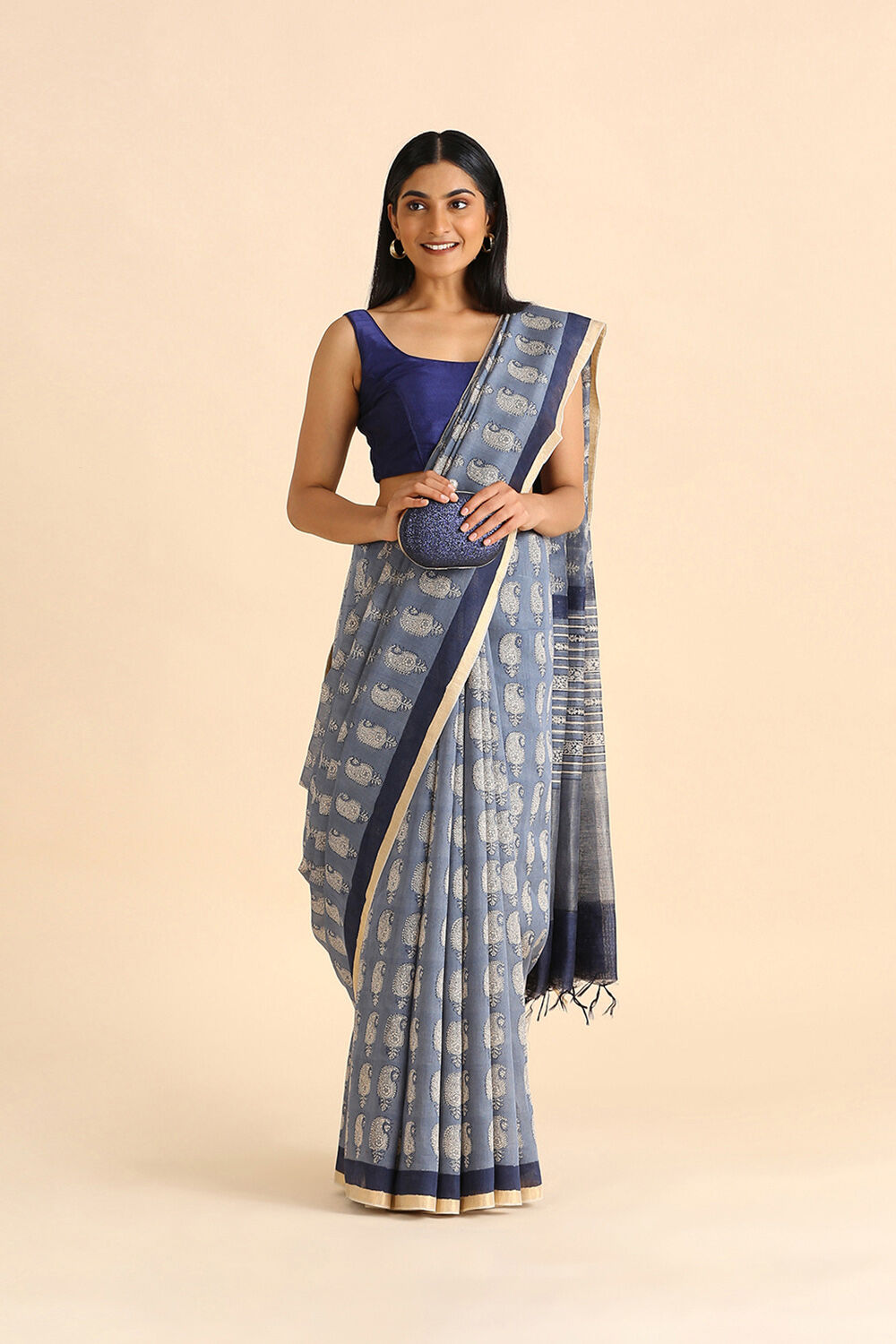 Light Blue Hand Blockprinted Pure Tussar Vanya Saree image number null