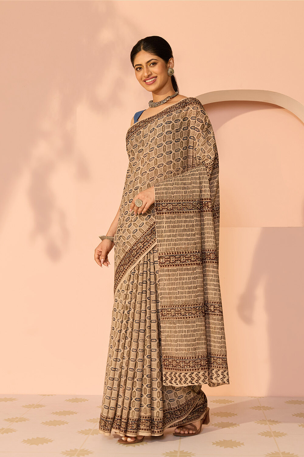 Beige Printed Kalamkari Machilipatnam Pure Cotton Saree image number null