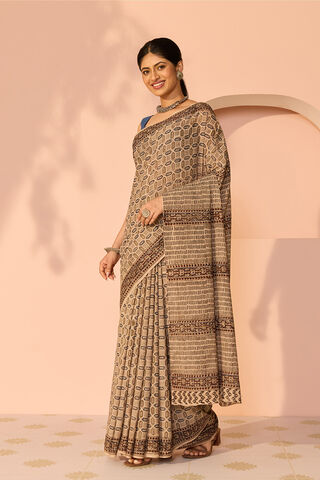 Beige Printed Kalamkari Machilipatnam Pure Cotton Saree thumbnail image number null