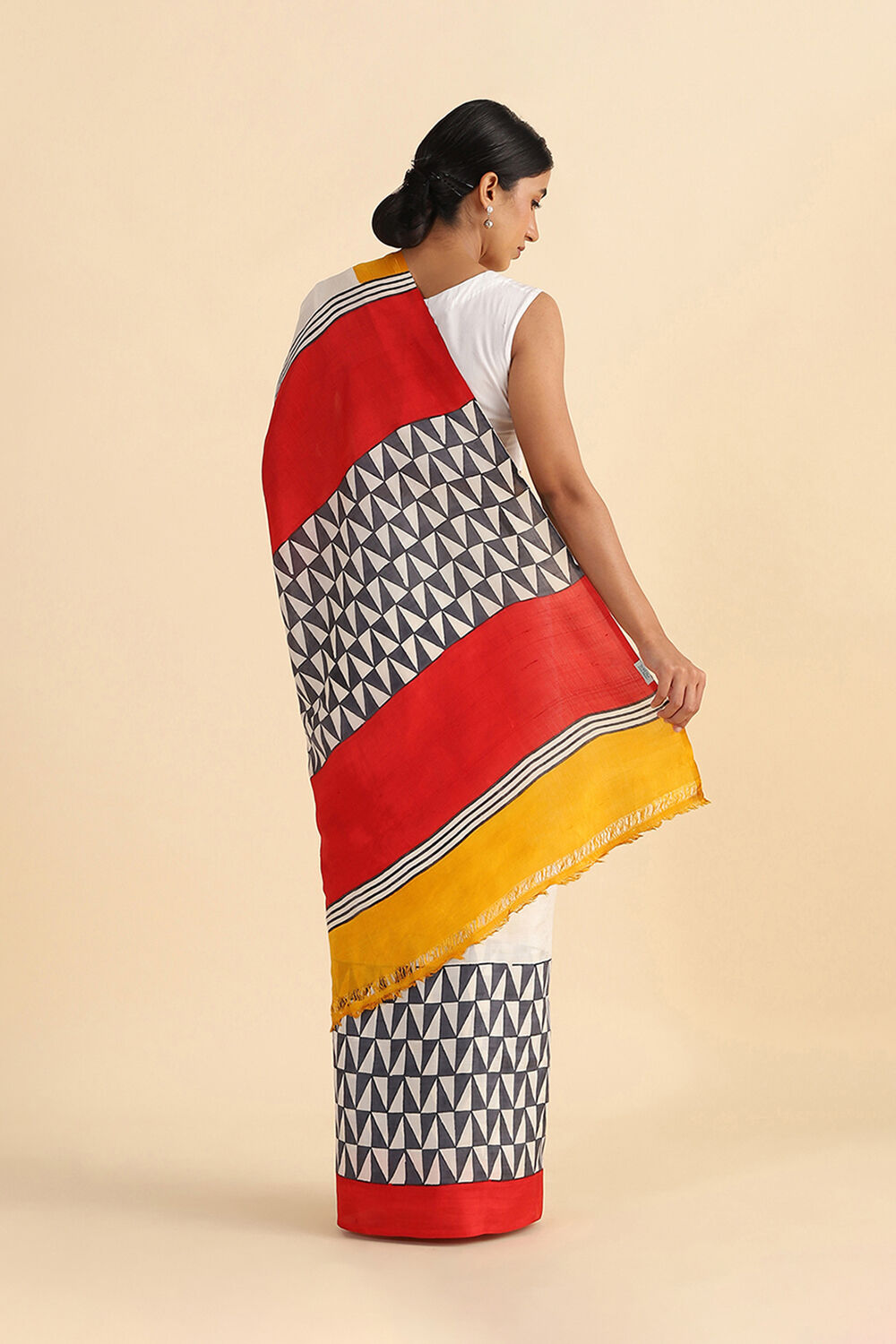 Off White Hand Blockprinted Pure Silk Saree image number null