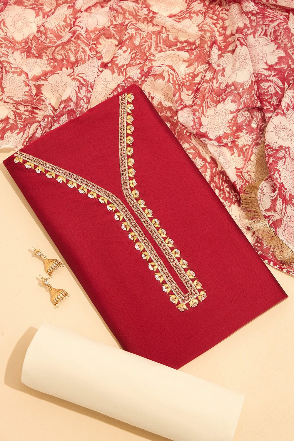 Red Pure Silk Cotton Embroidered Unstitched Suit Set image number null