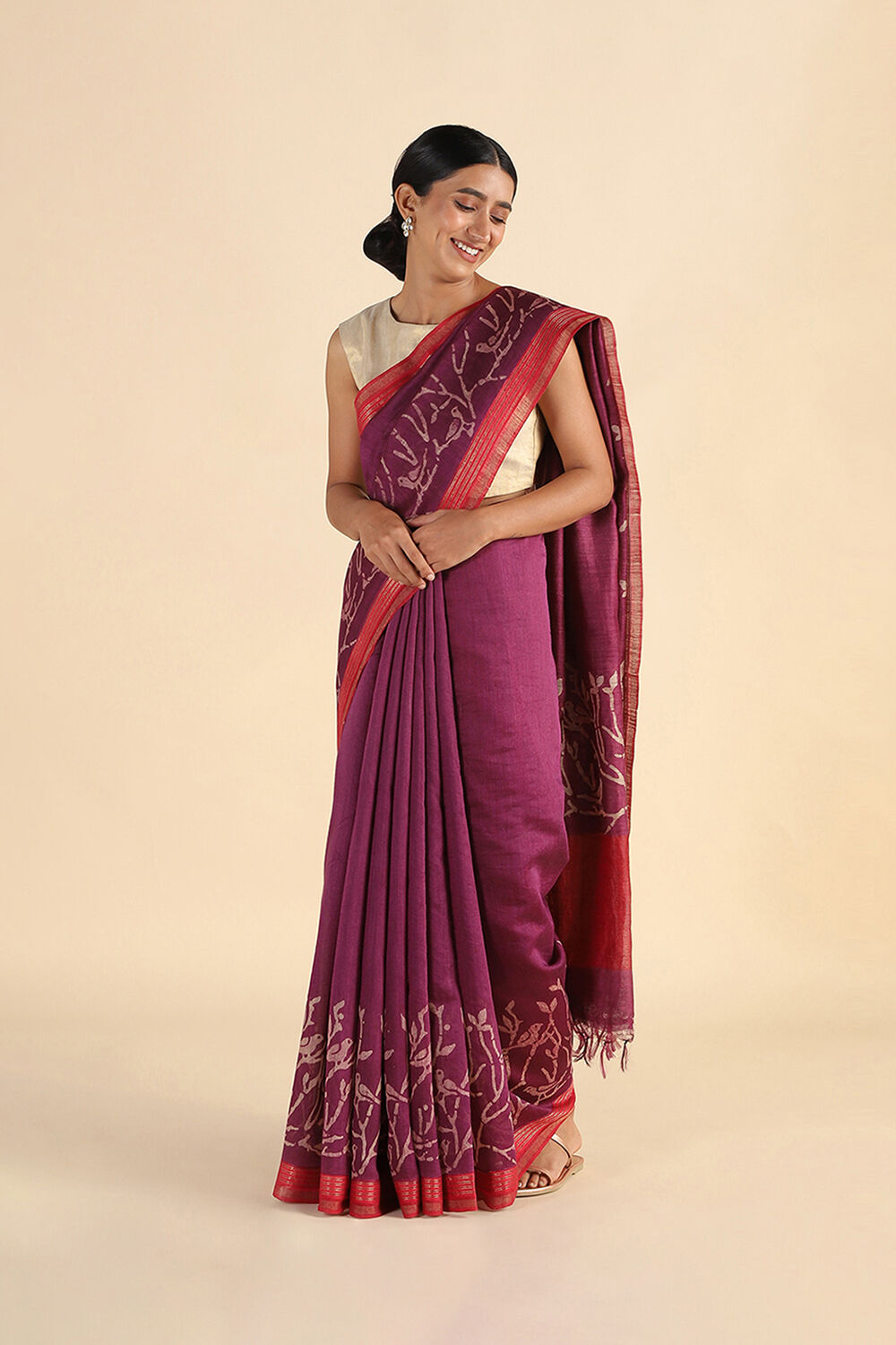 Purple Hand Blockprinted Pure Tussar Vanya Saree image number null