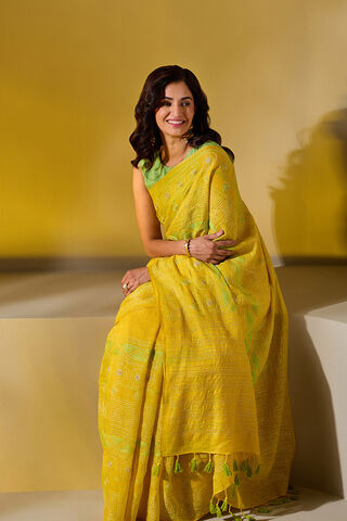 Yellow  Pure Tissue Linen Embroidered Saree thumbnail image number null