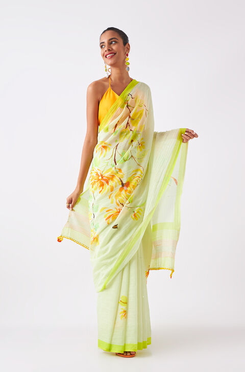 Light Green Pure Silk Cotton Digital Printed Saree