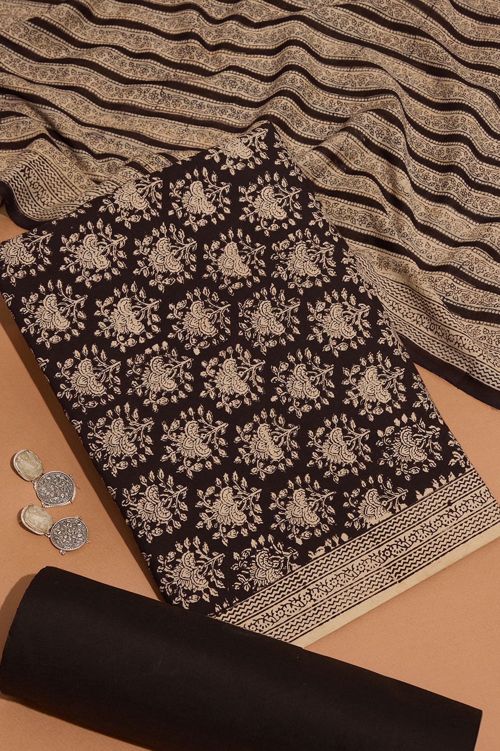 Black Bagru Block Printed Pure Cotton Unstitched Suit Set image number null