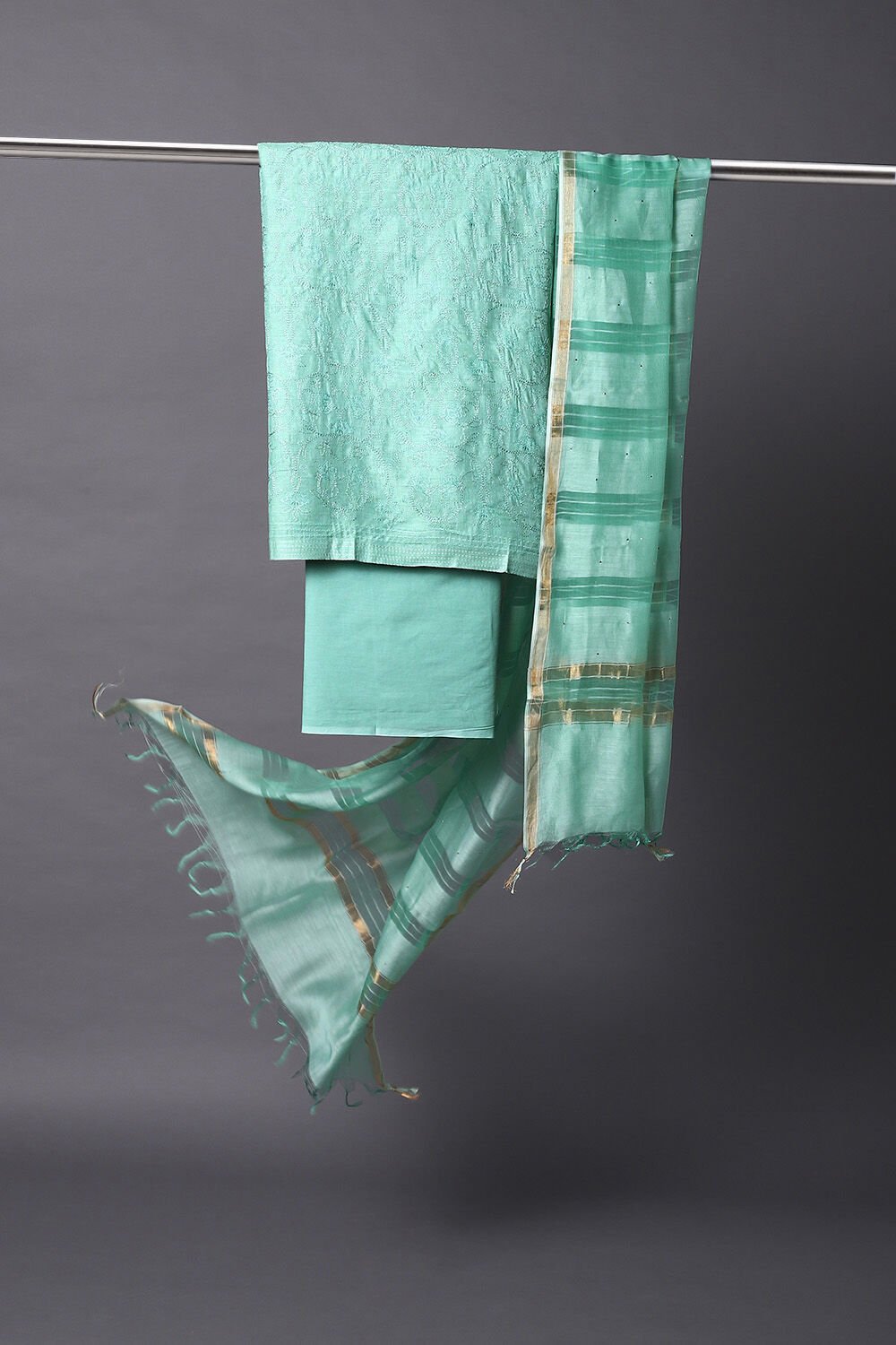 Light Green Tussar Embroidered Unstitched Suit Set image number null