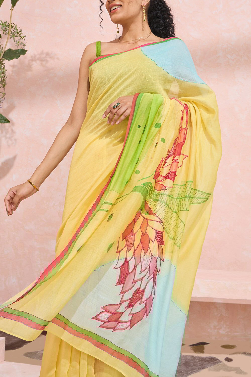 Light Yellow Bengal Pure Silk Cotton Hand Painted Saree image number null
