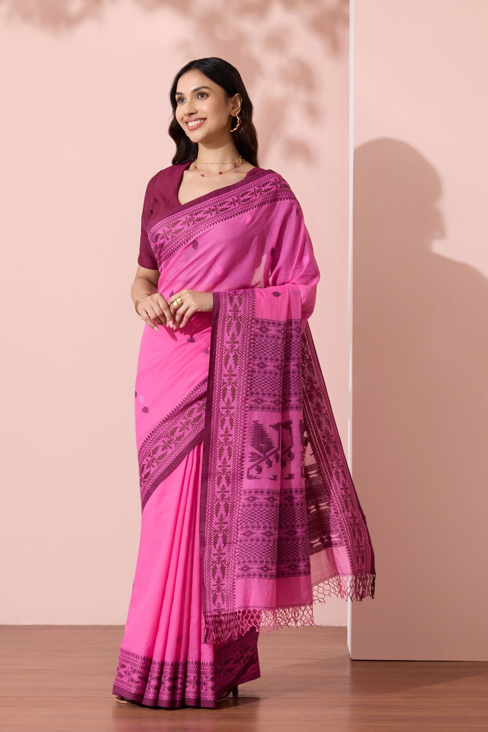 Pink Bengal Pure Cotton Jamdani Saree image number null