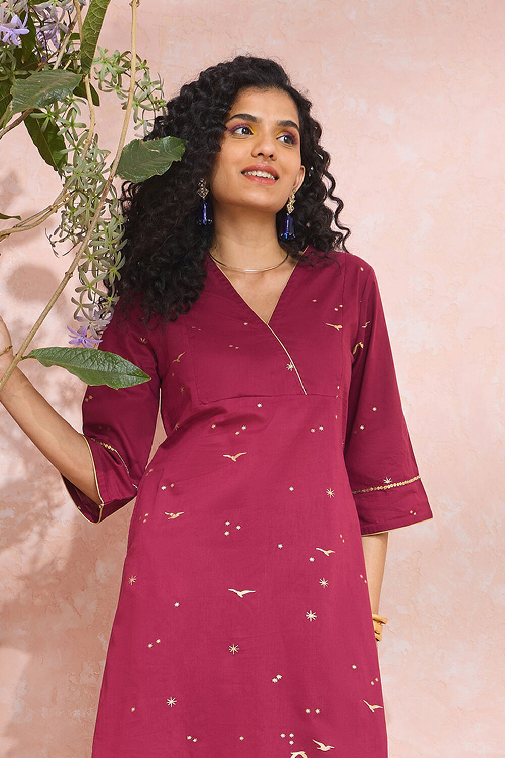 Dark Pink Screen Printed Pure Cotton Kurta image number null