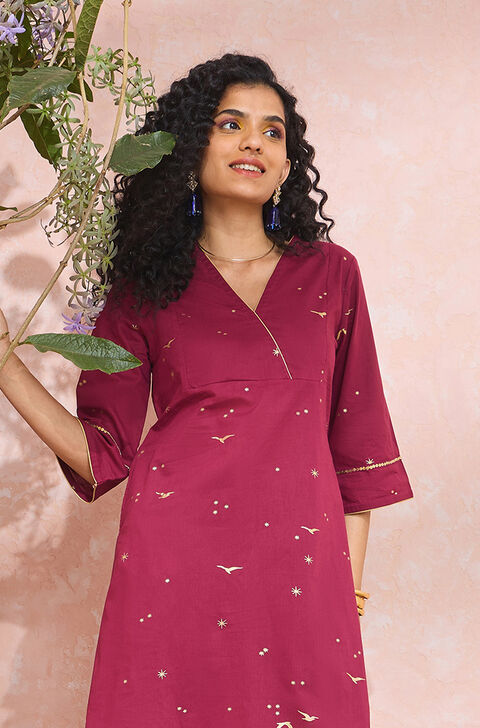 Dark Pink Screen Printed Pure Cotton Kurta