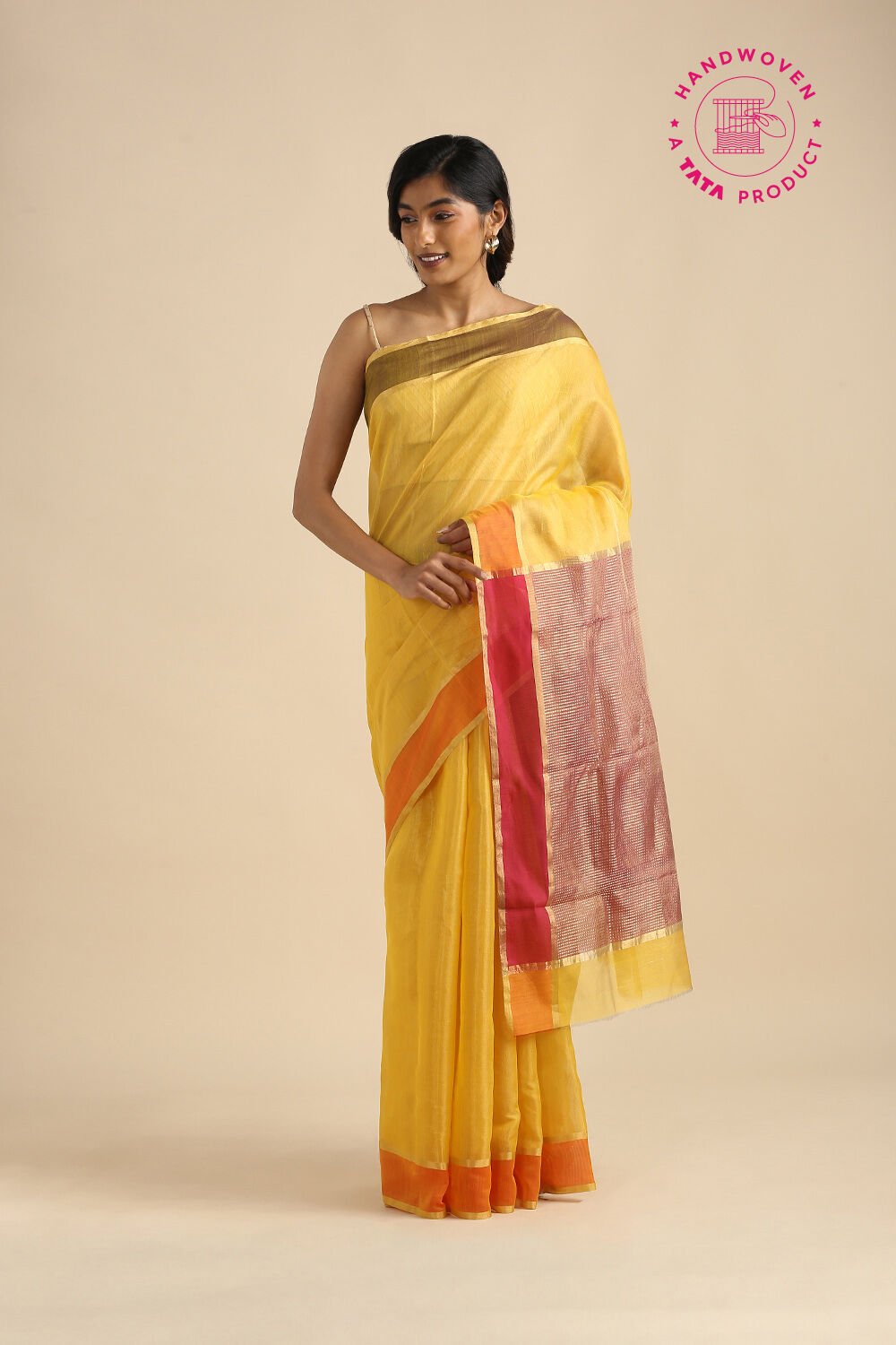 Yellow Pure Cotton Tissue Chanderi Saree image number null